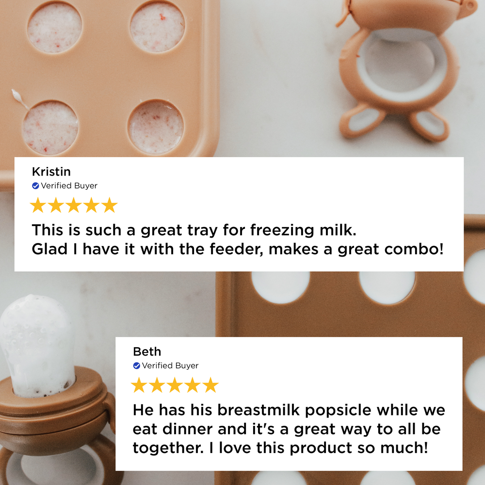 Product with ice cube trays and breastmilk popsicle maker, featuring customer reviews.