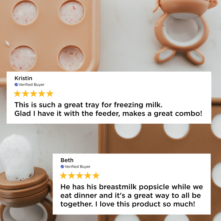 Product with ice cube trays and breastmilk popsicle maker, featuring customer reviews.
