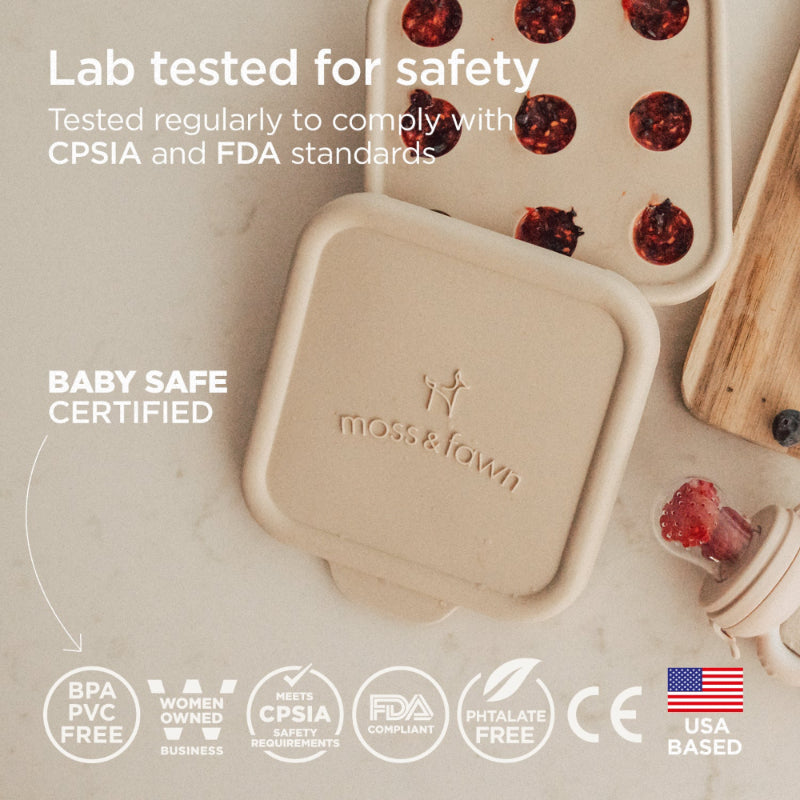Beige silicone mold with 'moss & fawn' branding on a neutral background, featuring safety certification logos.