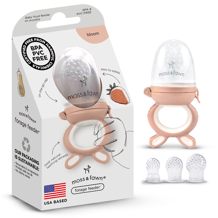 Moss & Fawn forage baby food feeder with packaging on a white background