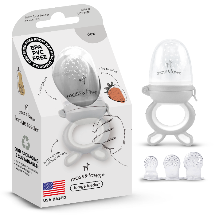 Moss & Fawn forage baby food feeder with packaging on a white background