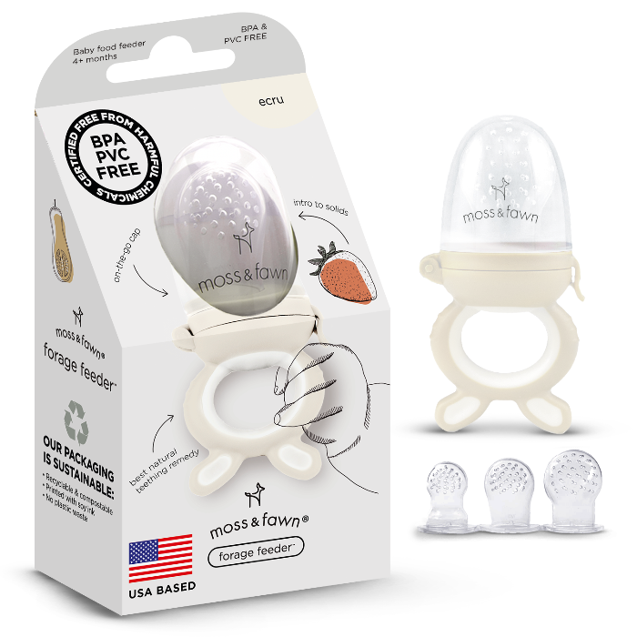 Moss & Fawn forage baby food feeder with packaging on a white background