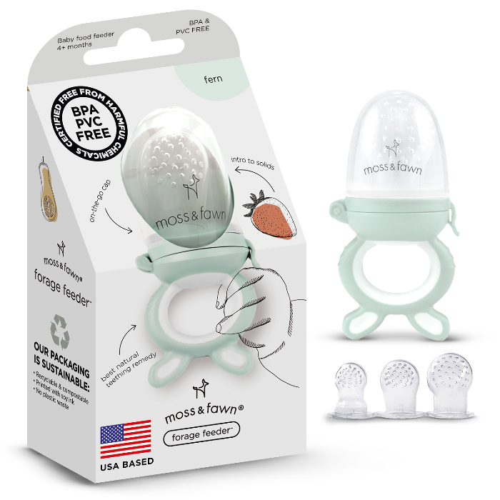 Moss & Fawn forage baby food feeder with packaging on a white background