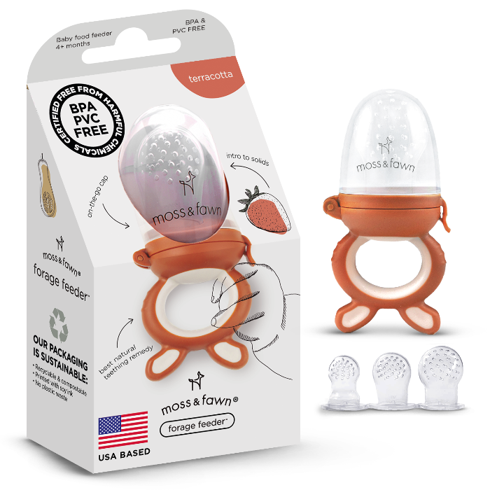 Moss & Fawn forage baby food feeder with packaging on a white background