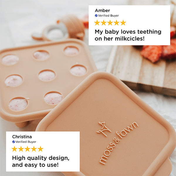 Teething toy with silicone mold and 'moss & fawn' branding, featuring customer reviews.