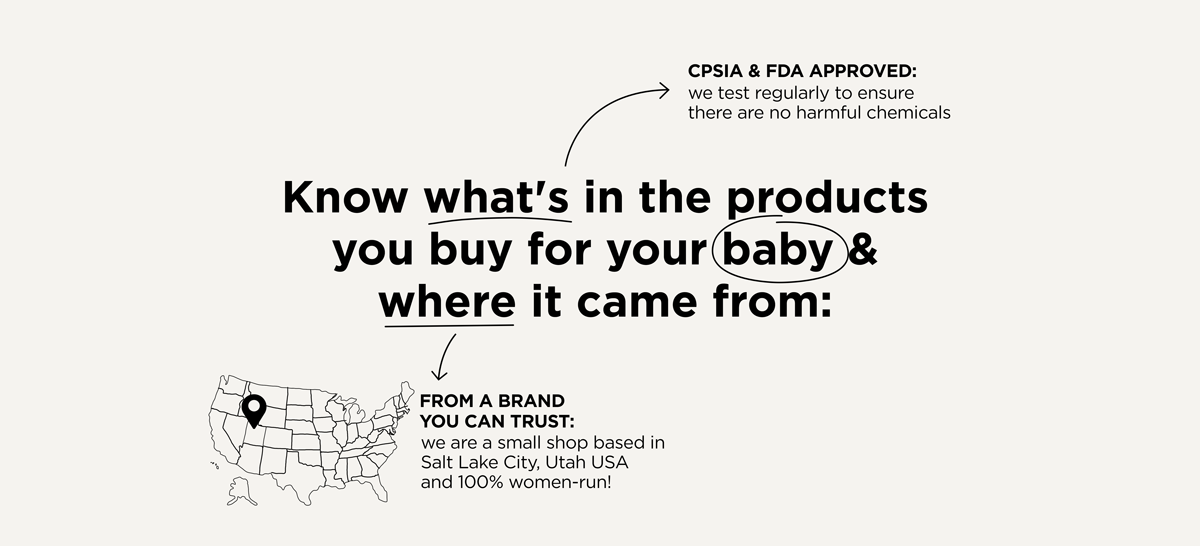 a graphic showing CPSIA & FDA approval and a map of USA with Utah being highlighted as home of Moss & Fawn